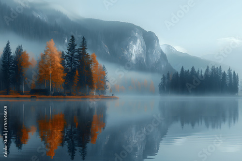 Mountainous Lake With Surrounding Trees and Water © D