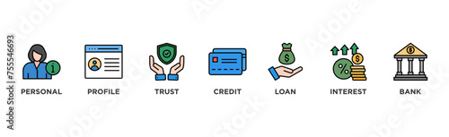 Microcredit banner web icon vector illustration concept with icon of personal, profile, trust, credit, loan, interest and bank	