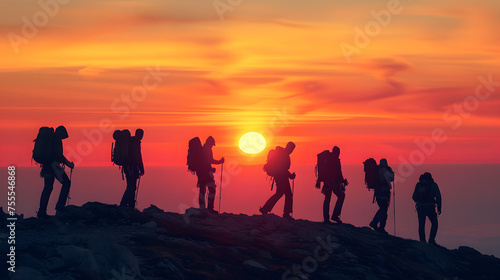 Silhouettes of climbers against a setting sun on the horizon background