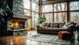 Cozy living room with fireplace and comfortable sofa. Cozy home interior