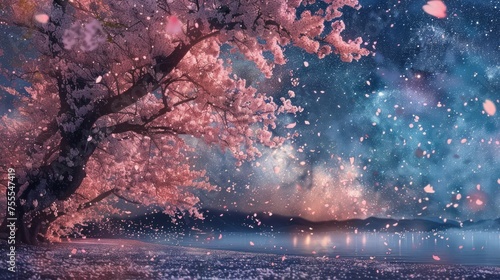 A dreamy overlay of cherry blossom petals and starry night skies, merging day and night in a celebration of natural beaut, AI Generative