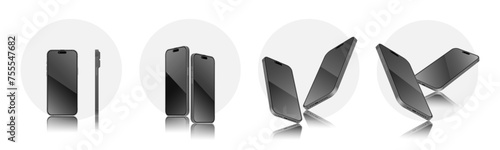 Realistic smartphone mockup in different angles view. Device UI, UX mockup for presentation template. 3D perspective view mobile phone. Front, perspective side view template. Vector.