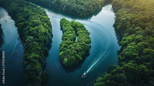 Aerial, verdant forest cradles meandering river, boat in harmony with nature, peaceful, wide banner, high detail, Atmospheric, AI Generative © sorapop