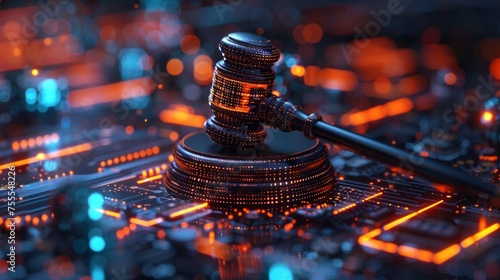 AI ethics and legal concepts materialized as a gavel resting on a circuit board, AI Generative