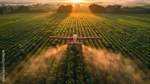 Applying fertilizer using drone on green crops, showcasing agriculture technology and precision farming, AI Generative
