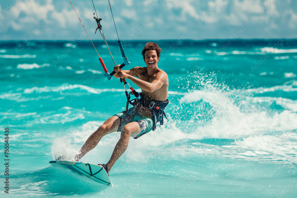Attractive young man kitesurfing in the sea - obrazy, fototapety, plakaty 