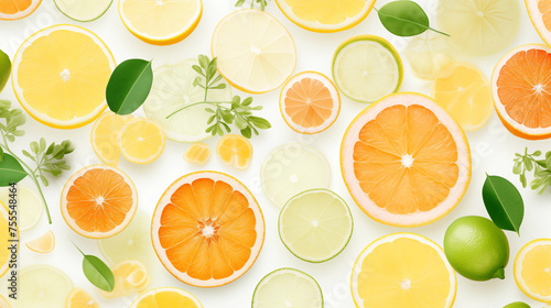 Tranches d'agrumes sur fond blanc. Agrume. Orange, citron jaune, citron vert, mandarine, pamplemousse. Fruits, acide. Pour conception et création graphique.