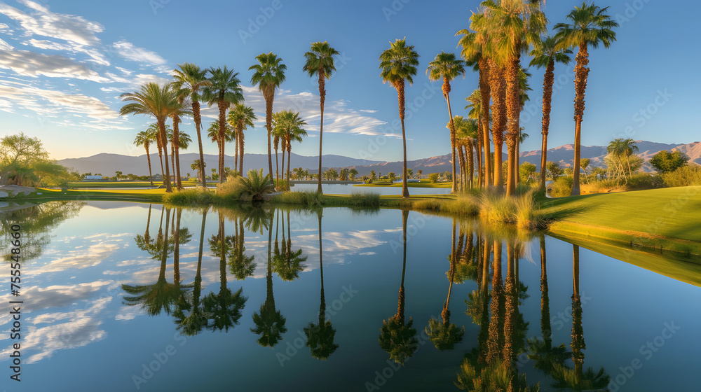 Palm trees reflected in a tranquil desert pond background Palm trees reflected in a tranquil desert pond background