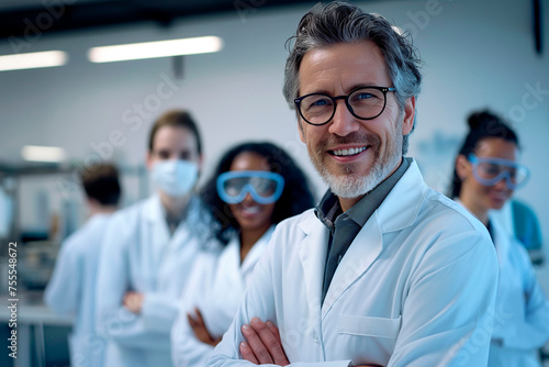 Smiling group of scientists in modern laboratory with male middle aged leader wearing white coats and protective glasses