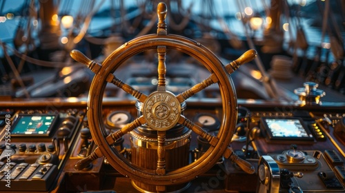 Close-up of a ship's steering wheel, AI Generative