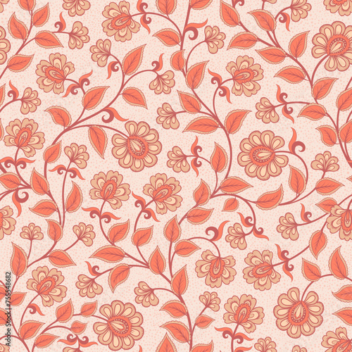 Indian-style floral seamless pattern on a textured background. Kalamkari. Hand-drawn branches.