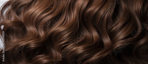 A detailed view of a womans wavy brown hair, featuring medium brown synthetic hair pieces clipped in for added volume and texture. The hair appears natural and flows seamlessly in waves, showcasing photo