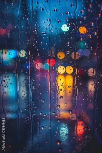 Close-up of raindrops on a car window at night, city lights blurring into colorful bokeh in the backgroun, AI Generative