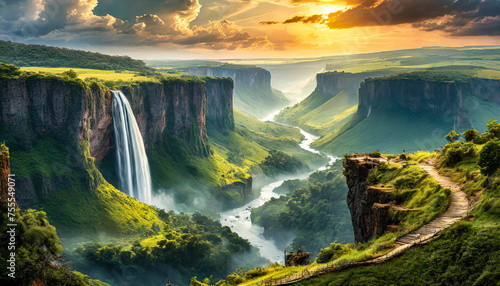 Spectacular and picturesque waterfall and mountains image