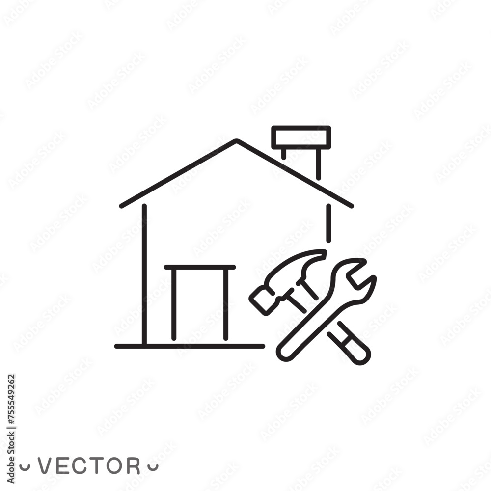 Naklejka premium home repair icon, building maintenance service, house construction work, thin line symbol isolated on white background, editable stroke eps 10 vector illustration