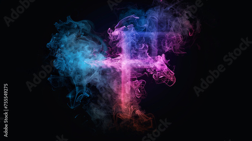 A colored smoke cross set against a black background. Vector-based artwork,Vector Art: Colored Smoke Cross on Black Background: Symbolic and Striking
