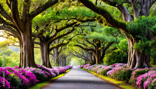 Street shaded by angel oak trees and rhododendron flowers