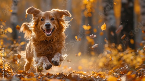 Energetic toller retriever dog practicing fetch, jumping high with agility, dedicated to training in an autumn woodland, AI Generative