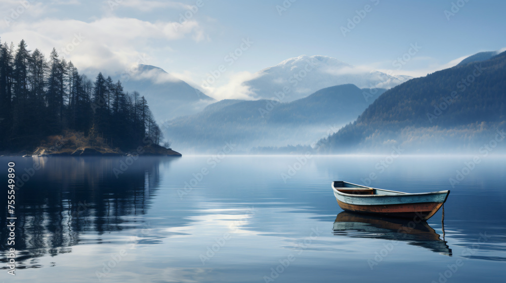 A small boat on a placid lake 
