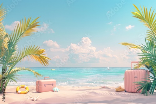 Beach travel summer holiday vacation concept background with copy space, 3d rendering 