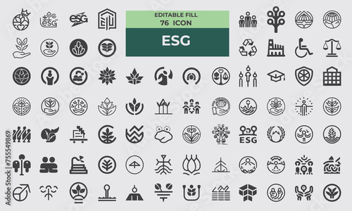 Set of 76 fill editable icons related to ESG, ecology, environment, social, governance. Editable fill. Vector illustration.