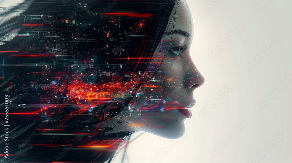 The visage of a female robot, sharp and contemplative, juxtaposed against a digitally ethereal background, AI Generative The visage of a female robot, sharp and contemplative, juxtaposed against a digitally ethereal background, AI Generative