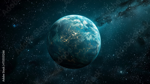 Planet Earth with a detailed view of continents, surrounded by a starry space background. © Another vision