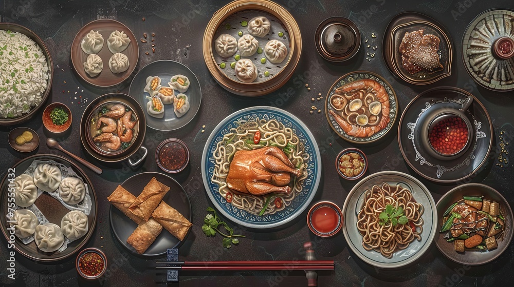 chinese food dark background, noodles, fried rice, dumplings, peking duck, dim sum, spring rolls, top view ai generated