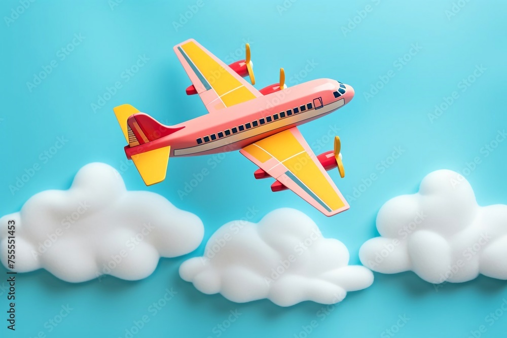a flying colored airplane in the sky, clouds on a blue background