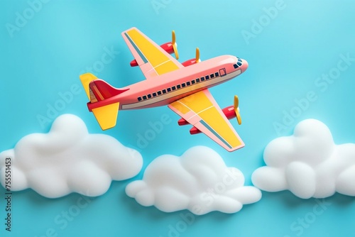 a flying colored airplane in the sky  clouds on a blue background