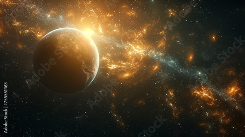 Digital illustration of a mysterious planet against a vibrant galaxy with stars and nebulae, depicting deep space exploration or science fiction backdrop.