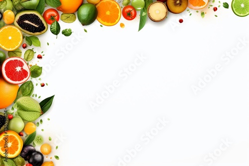 fruits on a white background with a place for text  top view. apple  orange  grapefruit