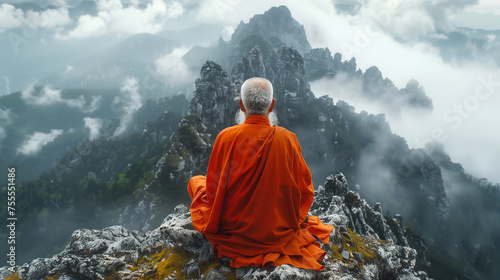 A monk seen from the backside meditating on the top of a mountain.