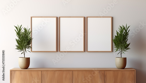 blank poster frame mockup on white wall with window with wooden chest of drawers and small green plant. 