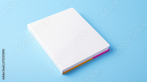 Bloc note blanc sur fond coloré, bleu. Mock-up. Papier, cahier, business, travail, bureau. Pour conception et création graphique.
