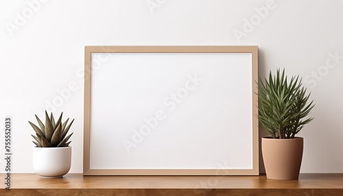 blank poster frame mockup on white wall with window with wooden chest of drawers and small green plant. 