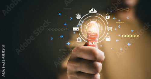 Surveillance and security scanning of digital programs cyber futuristic applications. futuristic digital processing of biometric identification fingerprint scanner for access personal financial data.