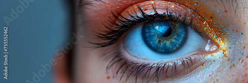 Close-Up View of Female Eye with Bright Multicolored Makeup, Macro photo of a beautiful blue-green eye of a woman