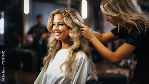 Hairdresser cutting hair of beautiful young woman in beauty salon