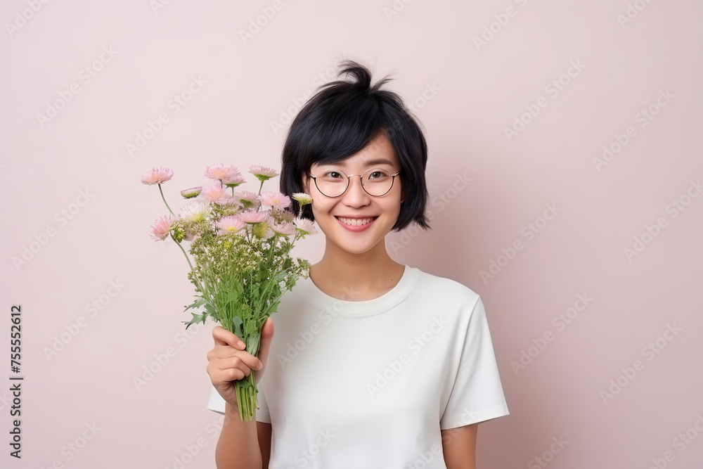 portrait of happy young Asian woman with flower bouquet, black hair, on pink portrait of happy young Asian woman with flower bouquet, black hair, on pink