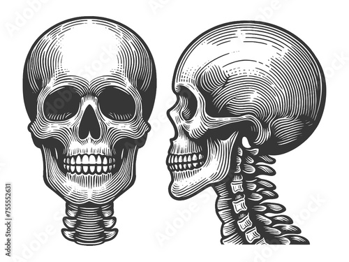human skull front view side view detailed bone structure sketch engraving generative ai fictional character raster illustration. Scratch board imitation. Black and white image.