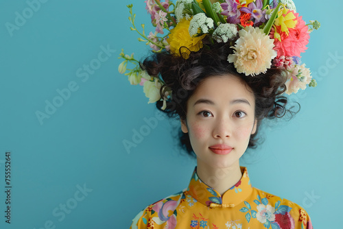portrait of happy young Asian woman with artistic composition in her hair, made of flowers, black hair