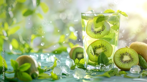 Fresh Kiwi Fruit Smoothie in a Glass of Sparkling Water