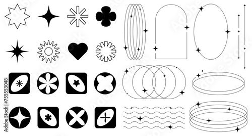 Set of abstract retro futuristic elements and shapes and aesthetic line frames boho, brutalism, Y2K style. Geometric elements with sparkles for template social media, poster, banner, logo, stickers