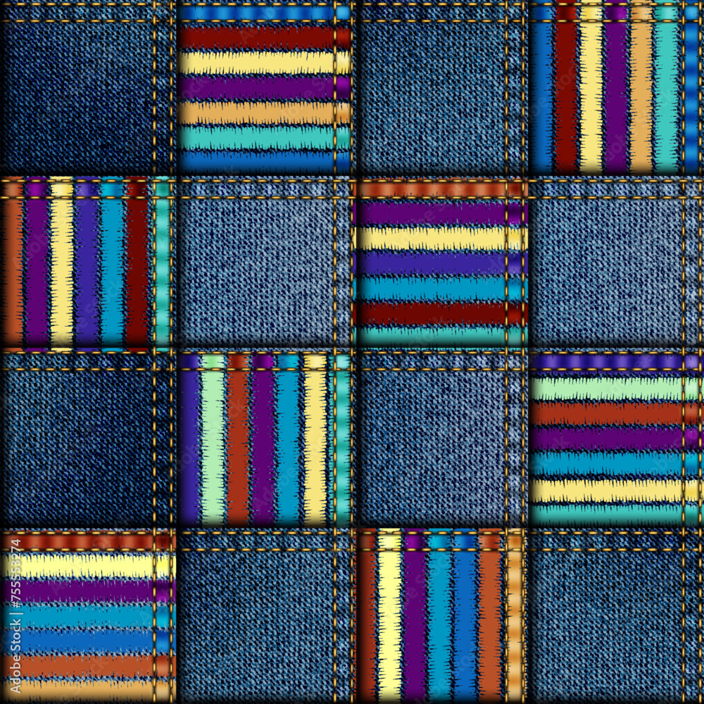 Colored lines on a jeans patchwork background.