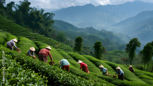 Tea pickers at work in the terraced fields background photo