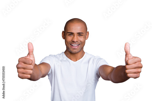 Close up photo strong healthy teeth dark skin he him his guy bald head approve show thumbs fingers up advise buy buyer new product wearing white t-shirt outfit clothes isolated grey background © deagreez