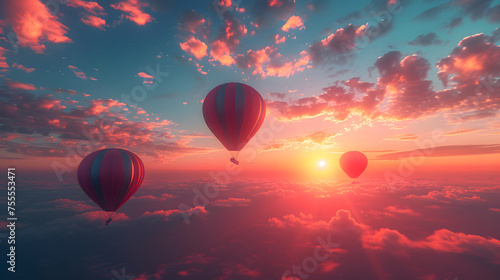 Sunrise or sunset scenes with balloons creating a surreal sky background photo