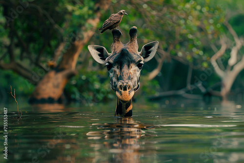 giraffe stands in the water, small bird is perched on top of its horns, trees submerged by rising waters