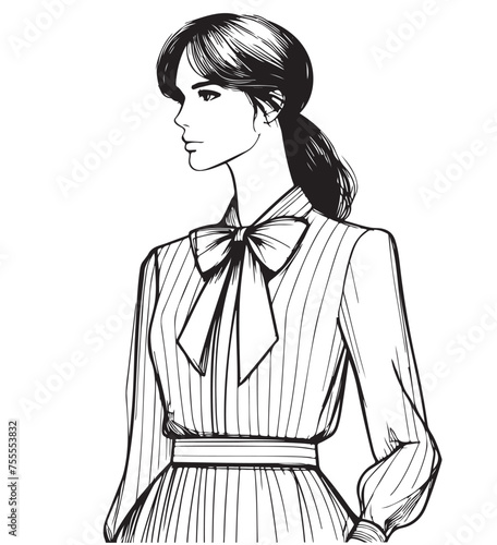 Fashion illustration. Girl in business suit with bow. Line art sketch